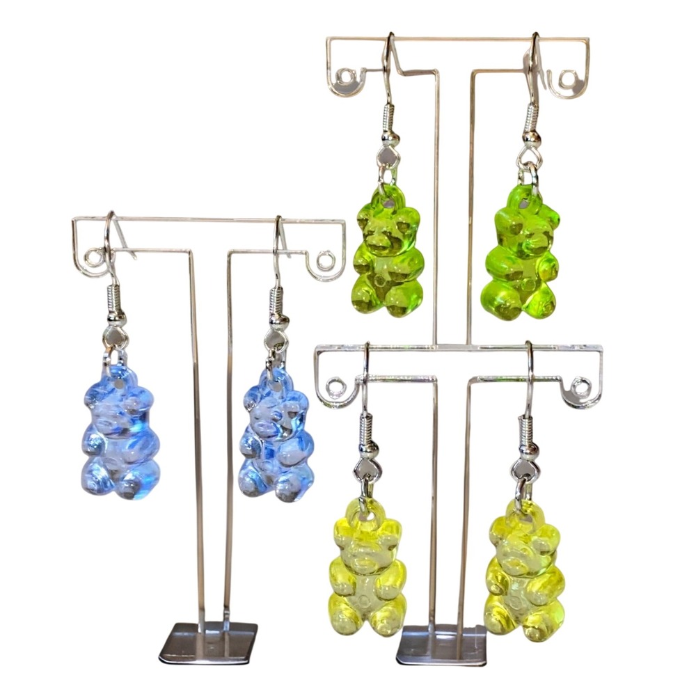New 3 Pairs Gummy Bear Clear Jelly Acrylic Dangle Drop Earrings Cute Gift Blue